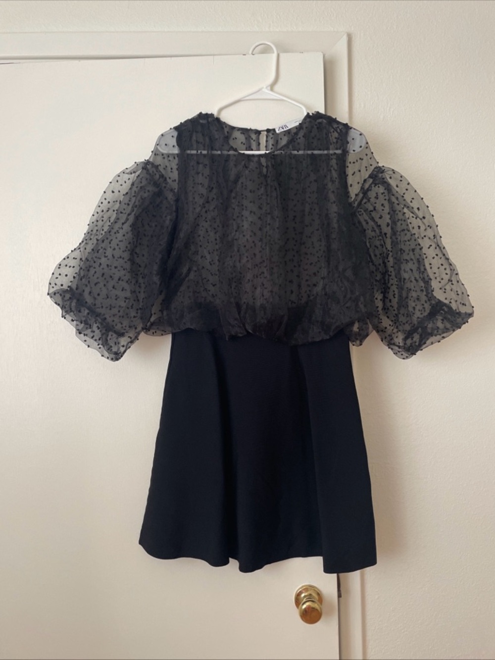 Zara Black Puff Sleeve Polka Dot Mini Dress
